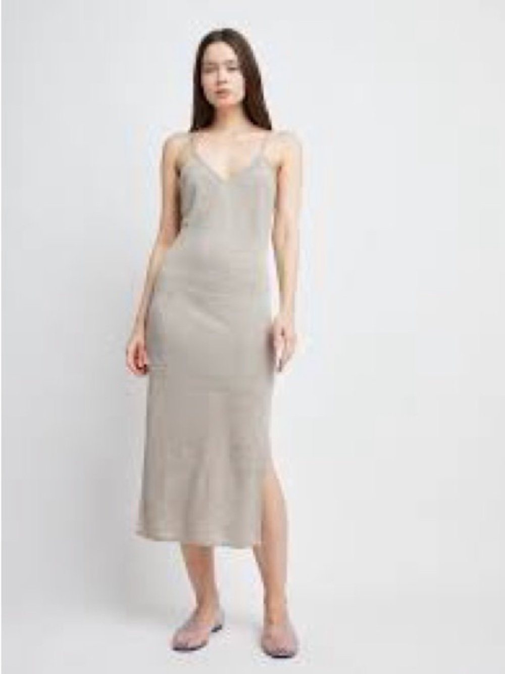 SELF CONTRAST Sleek Taupe Slip Midi Dress with V-Neck S